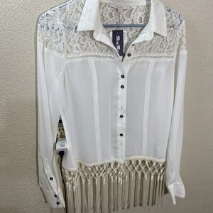 Miss Me Lace & Fringe Button-Down Blouse Top Size XS Ivory Boho Macrame Detail